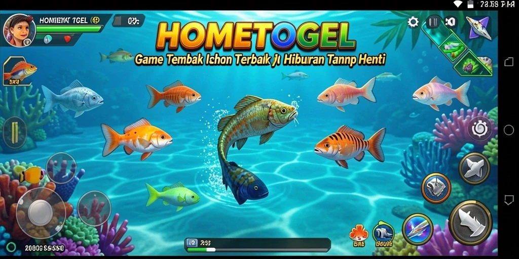 Tangkapan layar HOMETOGEL menampilkan aksi seru dalam Tembak Ikan.