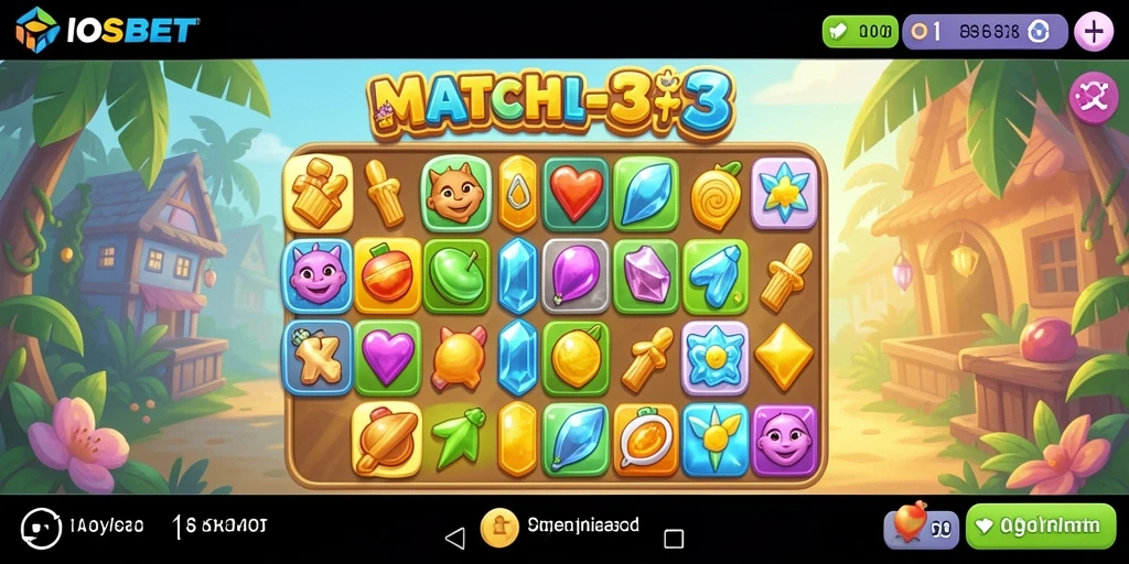 Screenshot utama IOSBET yang menunjukkan aksi gameplay Match-3 yang seru.