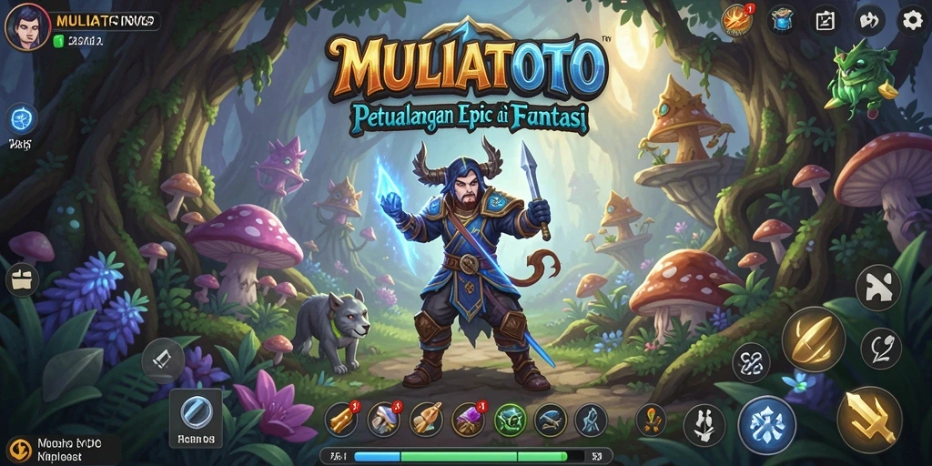 Screenshot utama MULIATOTO menunjukkan pertarungan seru di dunia fantasi.