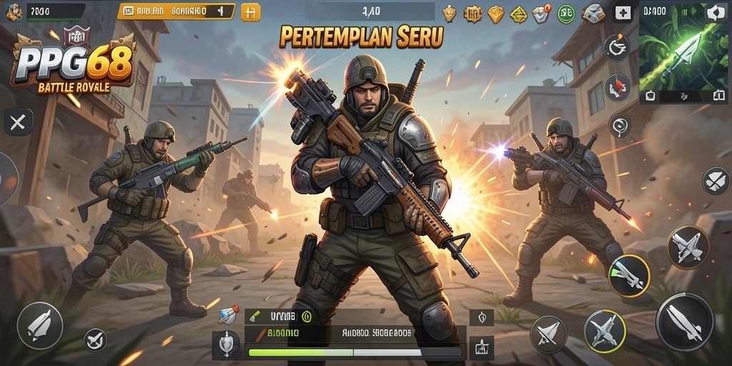 Screenshot gameplay PGG68 yang menampilkan aksi pertempuran Battle Royale yang seru.